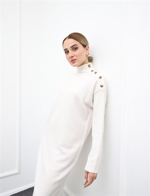 MIER Boğazlı Uzun Triko Elbise 5263  - Beyaz