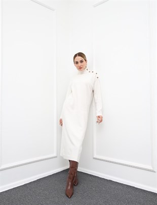 MIER Boğazlı Uzun Triko Elbise 5263  - Beyaz