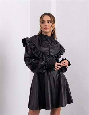 MIER Deri Yaka Detaylı Elbise 5117 - Siyah